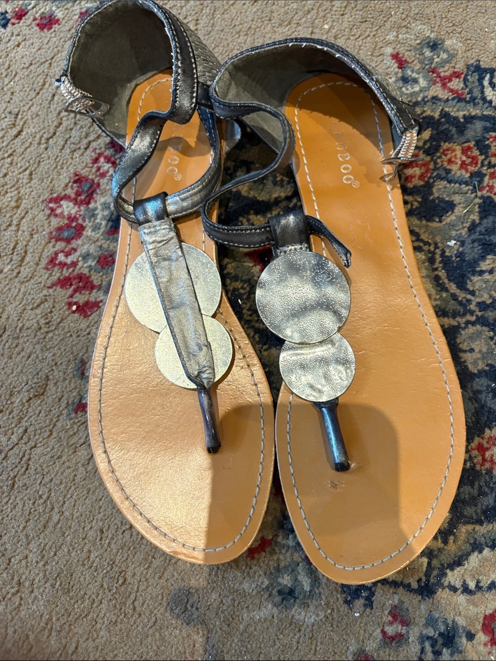 BAMBOO Metallic Silver T-Strap Sandals with Disc Accents